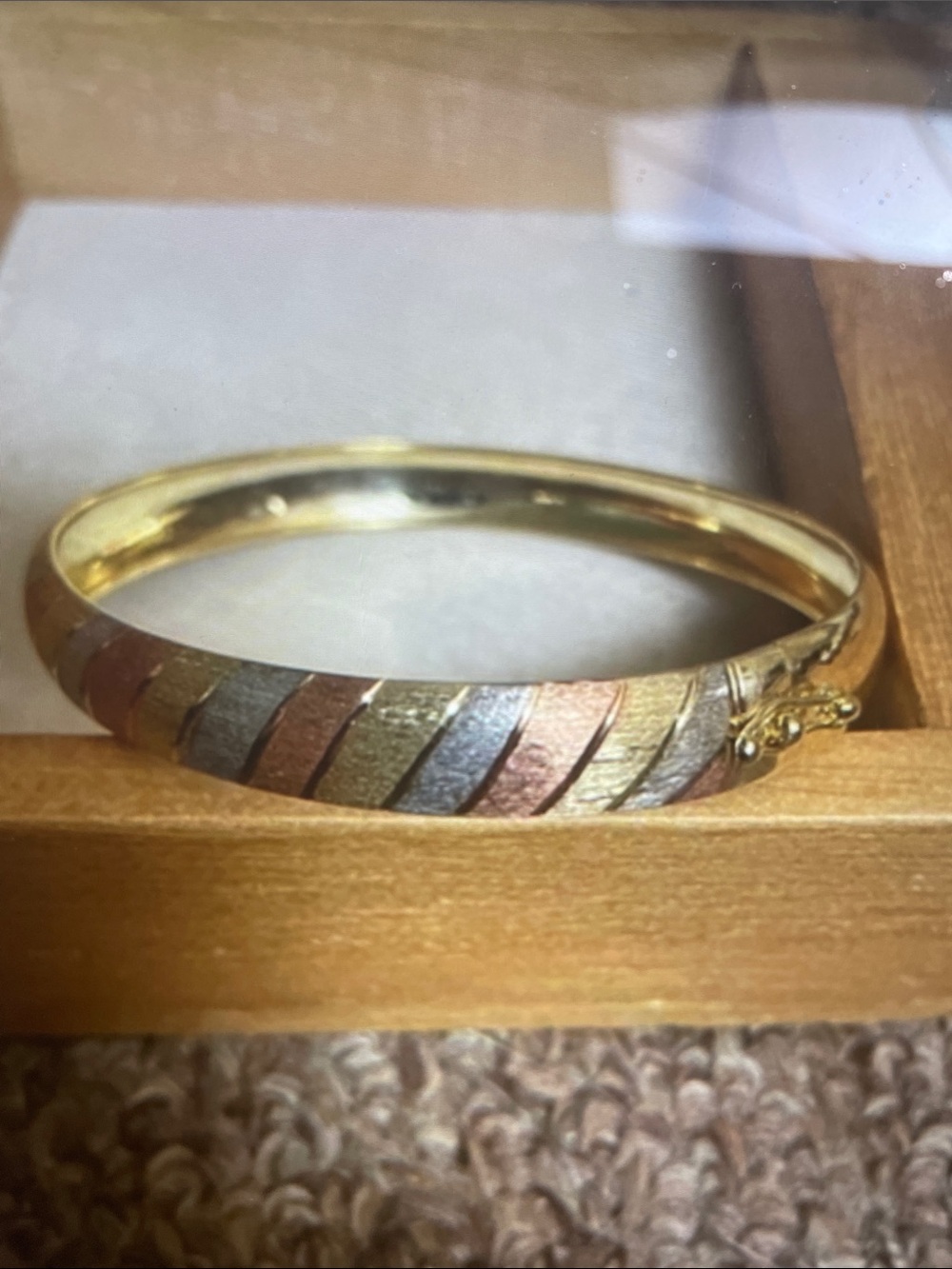 Sterling Silver Tri-Tone Striped Hinged Bangle Bracelet - Gold, Rose, and Silver